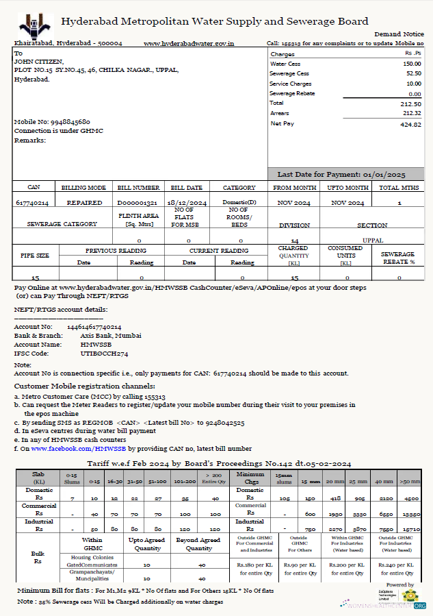 India Hyderabad Metropolitan Water Supply and Sewerage Board utility bill template in Word and PDF formats